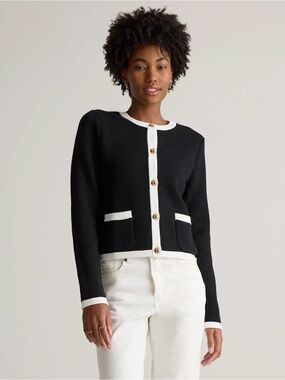 Quince Organic Cotton Black Contrast-Trim Button Cardigan Sweater XL